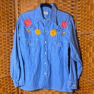 Legna floral embroidered denim button up shirt
